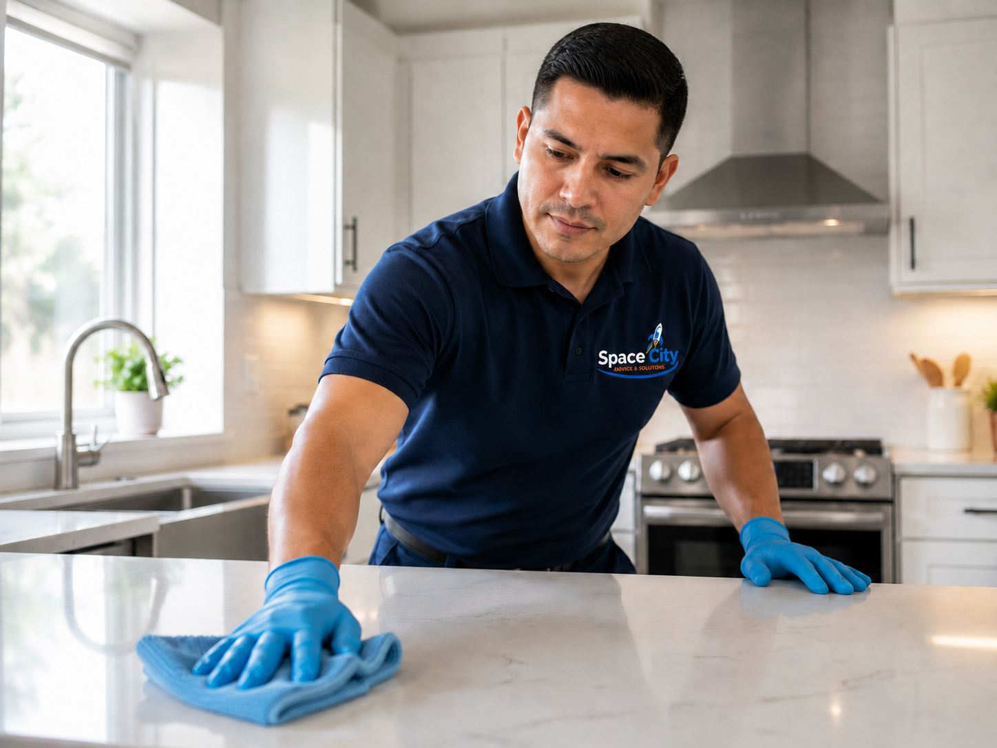 Space City technician cleaning a kitchen counter